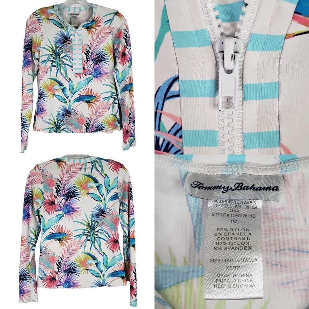 Tommy Bahama Swim Shirt Women's Rash Guard LS 1/4 Zip Size XS White Tropical